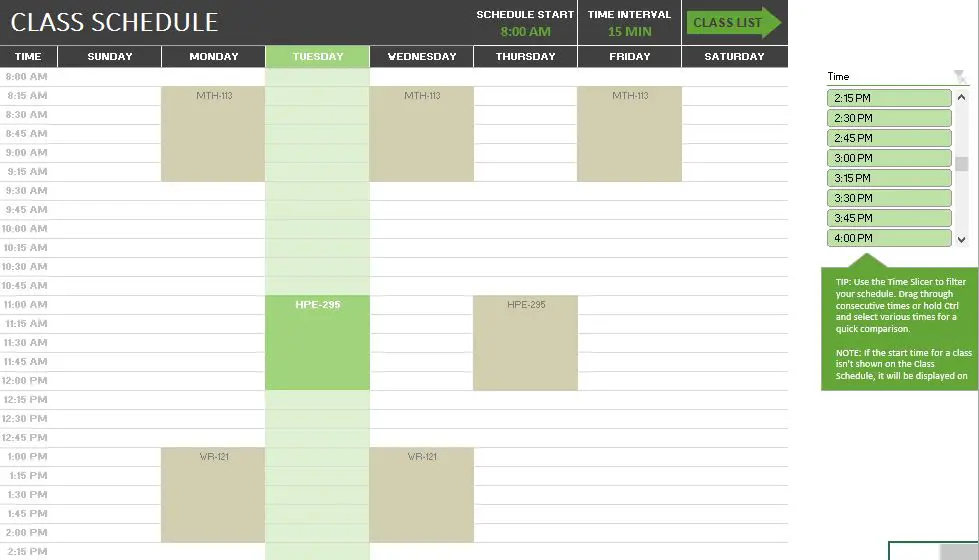 Class Scheduler Weekly Overview