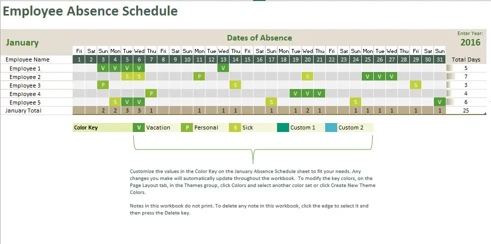 Employee Absence Tracking Calendar Free Excel Template