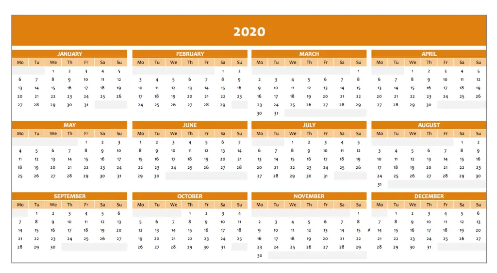 Calendar 2020 in orange