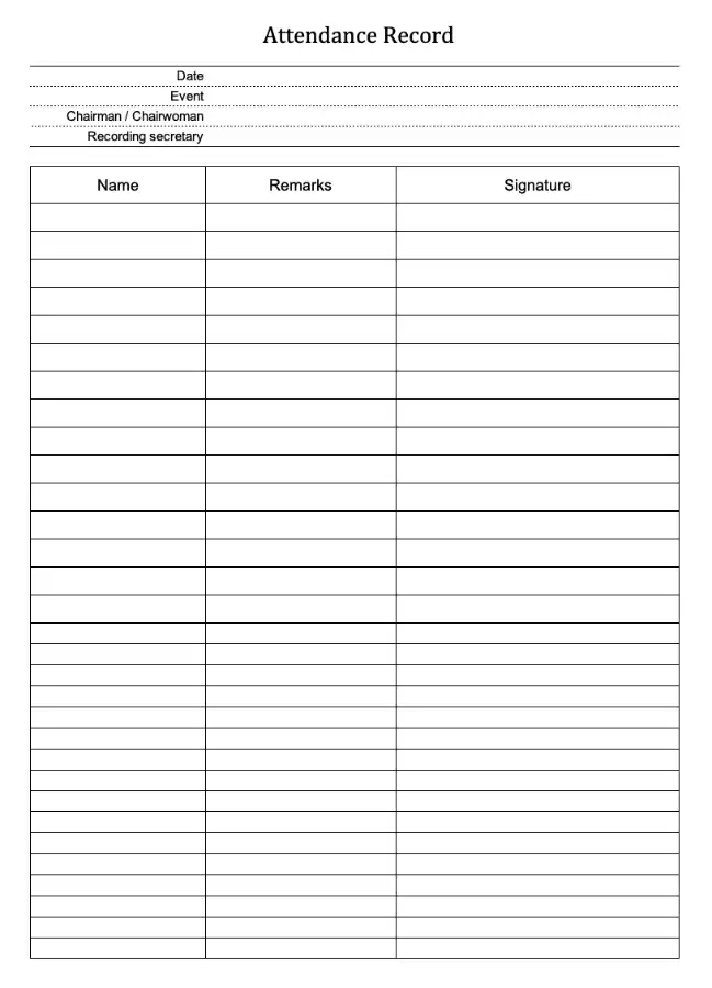Attendance Record for a Meeting (Screenshot of the Excel template)