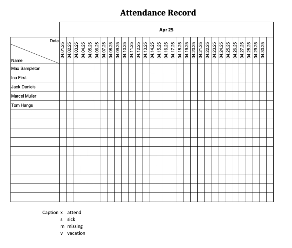 Screenshot of attendance record for 2025 (April)
