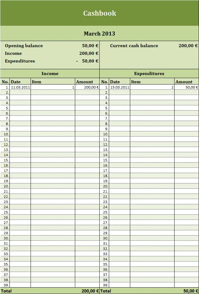Free cashbook as Excel template
