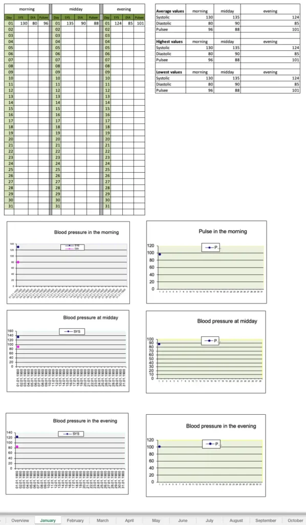 Data from blood pressure measurements in January (Screenshot from Excel Template)