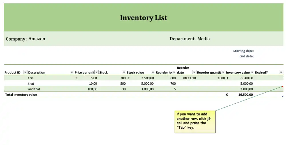 Screenshot simple inventory list with free Excel template