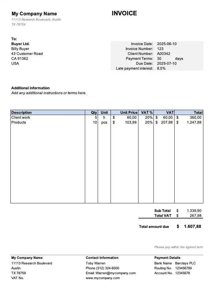 Invoice excel-template with VAT