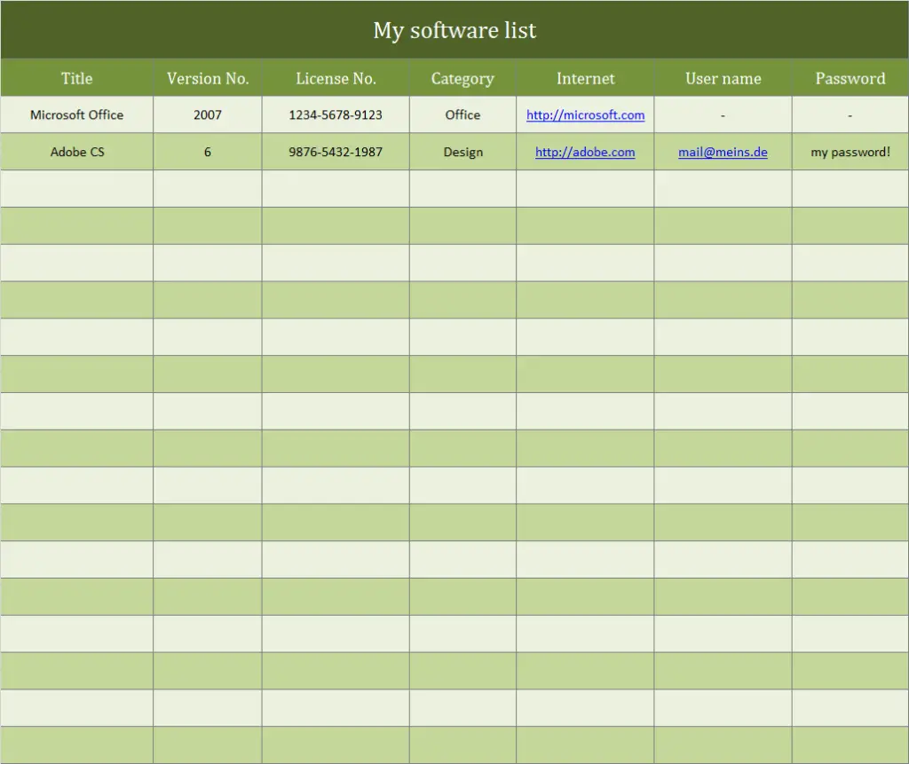 Your software list Excel template
