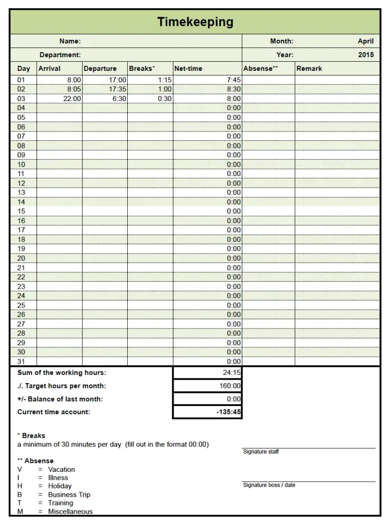 Timekeeping Template with Excel for free