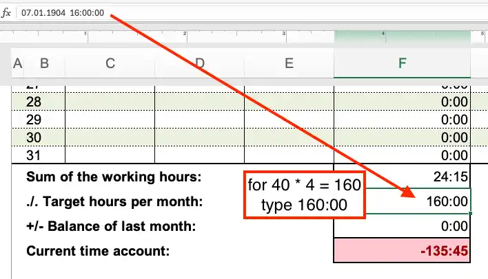 Hours per month for the Time Sheet Template