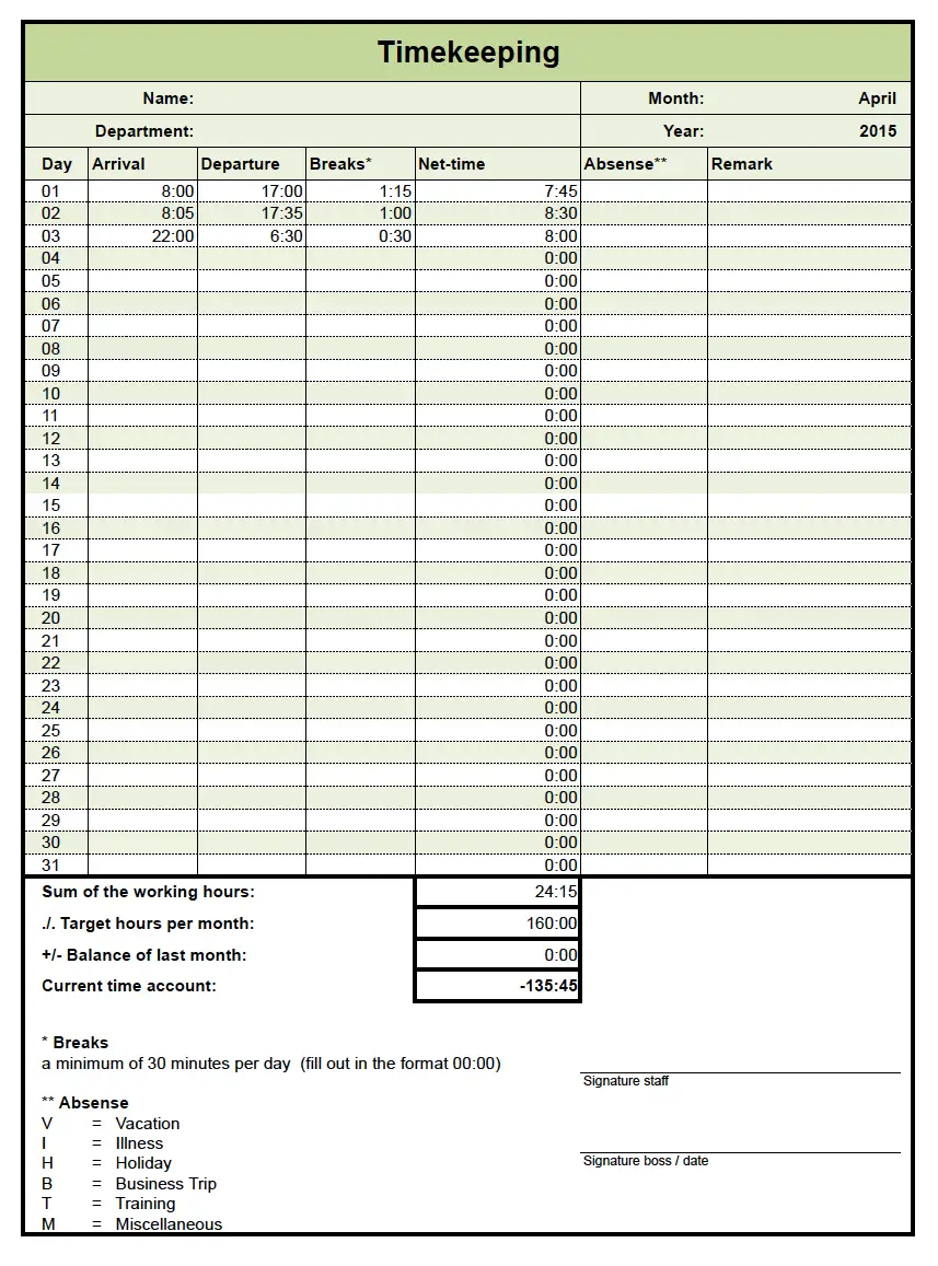 Screenshot of the excel-timesheet