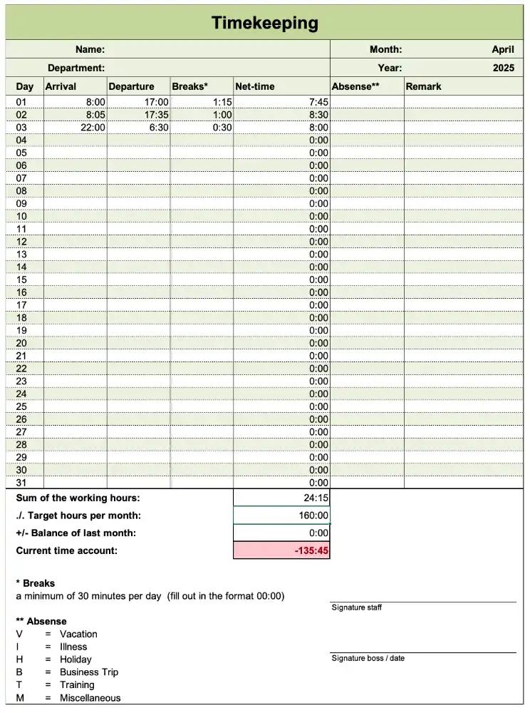 Screenshot of the excel-timesheet