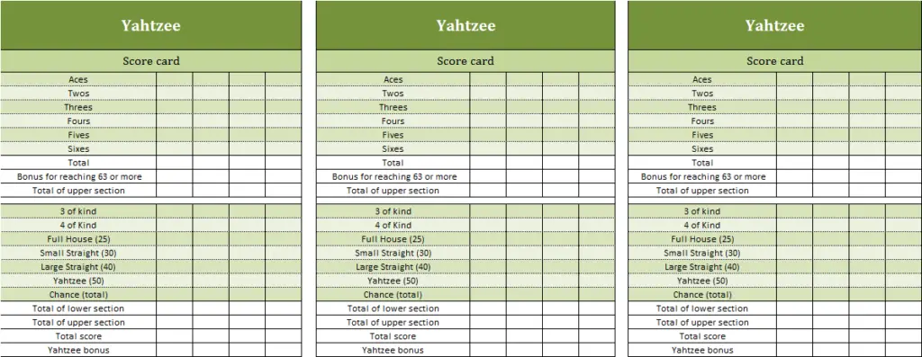 Excel template for Yahtzee