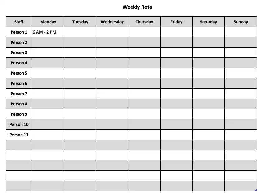 Weekly rota for staff scheduling Excel Template