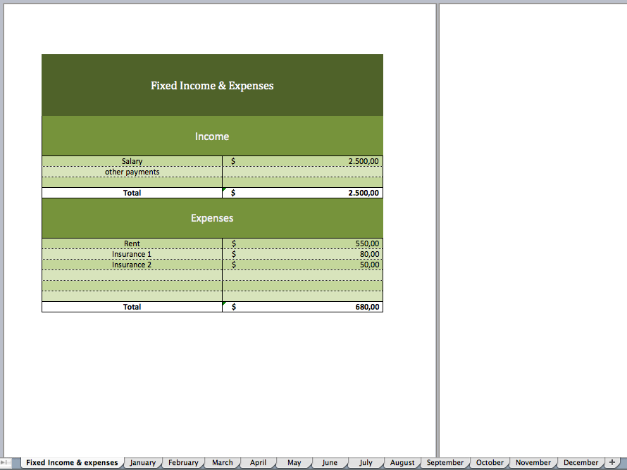 Overview of the budget-template in excel