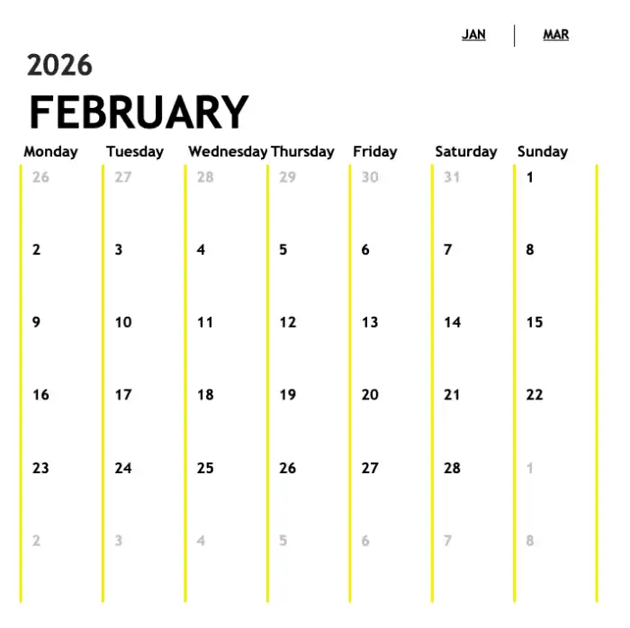 Flexible annual calender Excel Template (Screenshot of February)