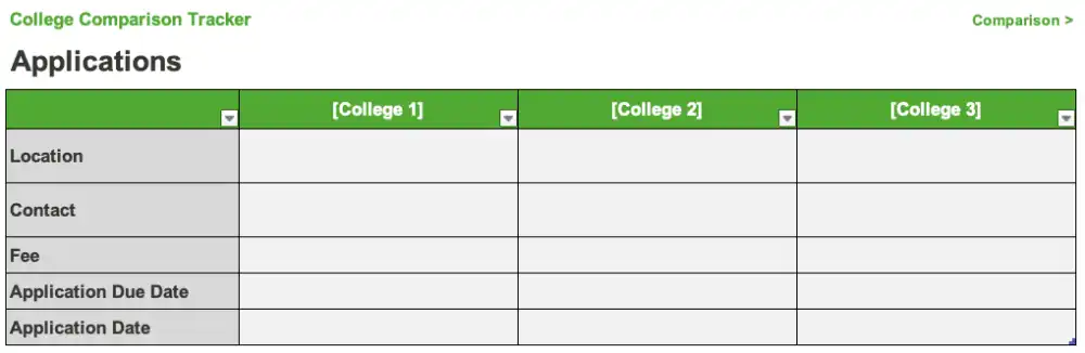 College Application Tracker Excel Template (Screenshot)