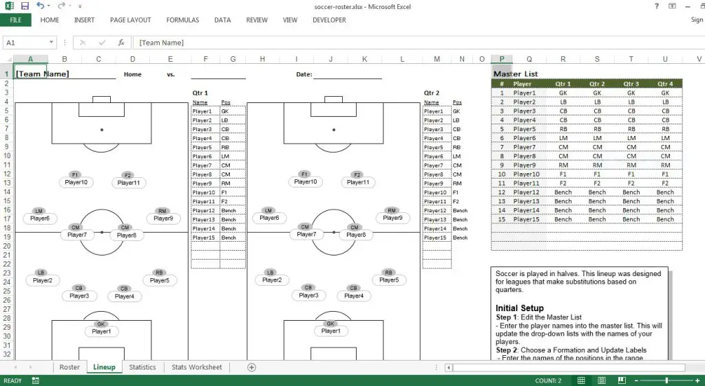 Soccer Roster Excel Template Lineup Sheet