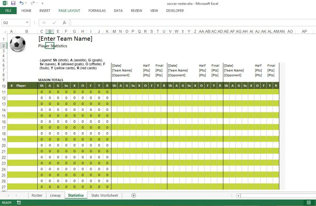 Soccer Roster Excel Template Statistics Sheet