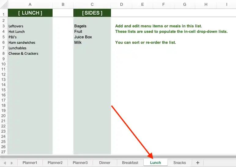 Add or edit the lunch items list
