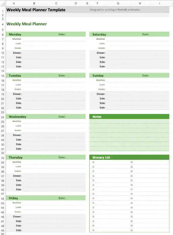 Meal planner Excel Template Version 1