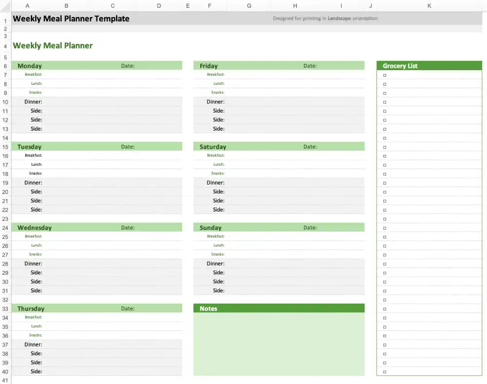 Meal Planner Excel Template in Landscape Mode - Version 2