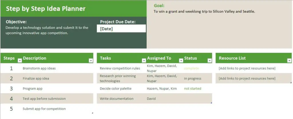 step by step idea planner (Screenshot of Excel template)