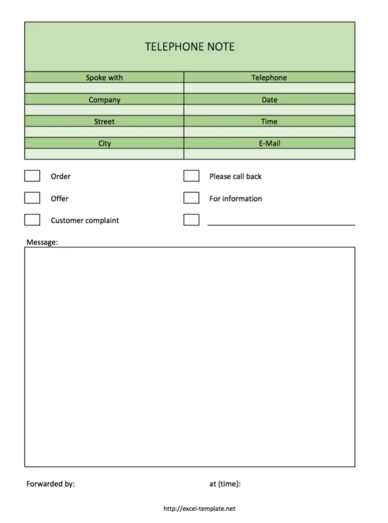 Telephone Note Message with Excel