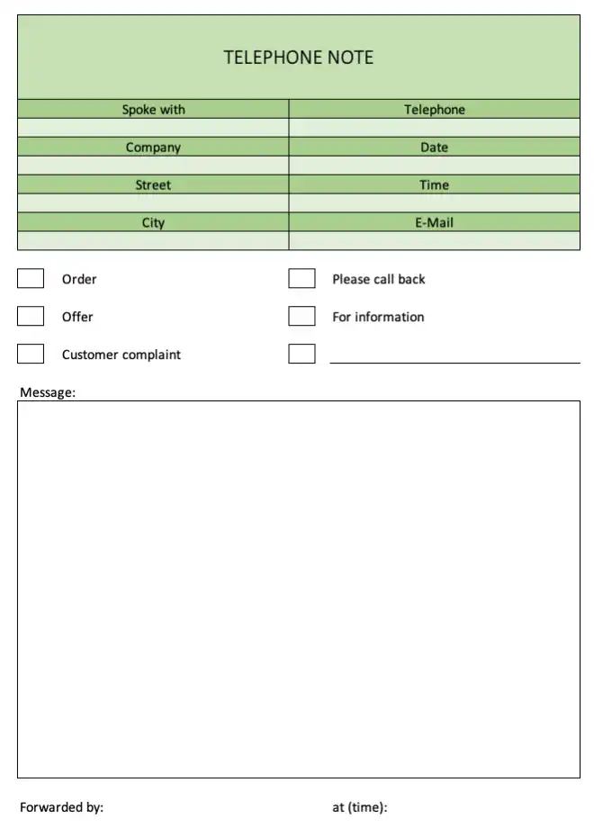 Telephone Note Message with free Excel Template