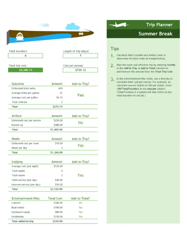 Trip Planner Excel Template - Screenshot