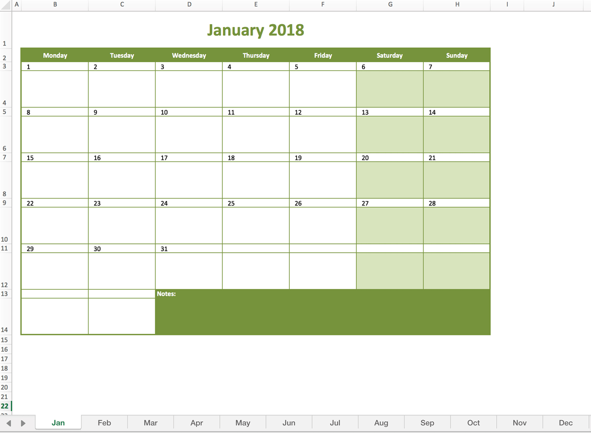 Template Excel Calendar 2018