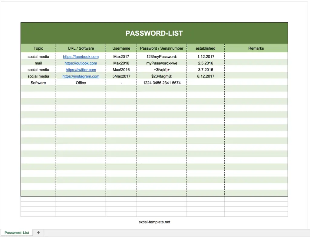 Log your passwords with this excel-list