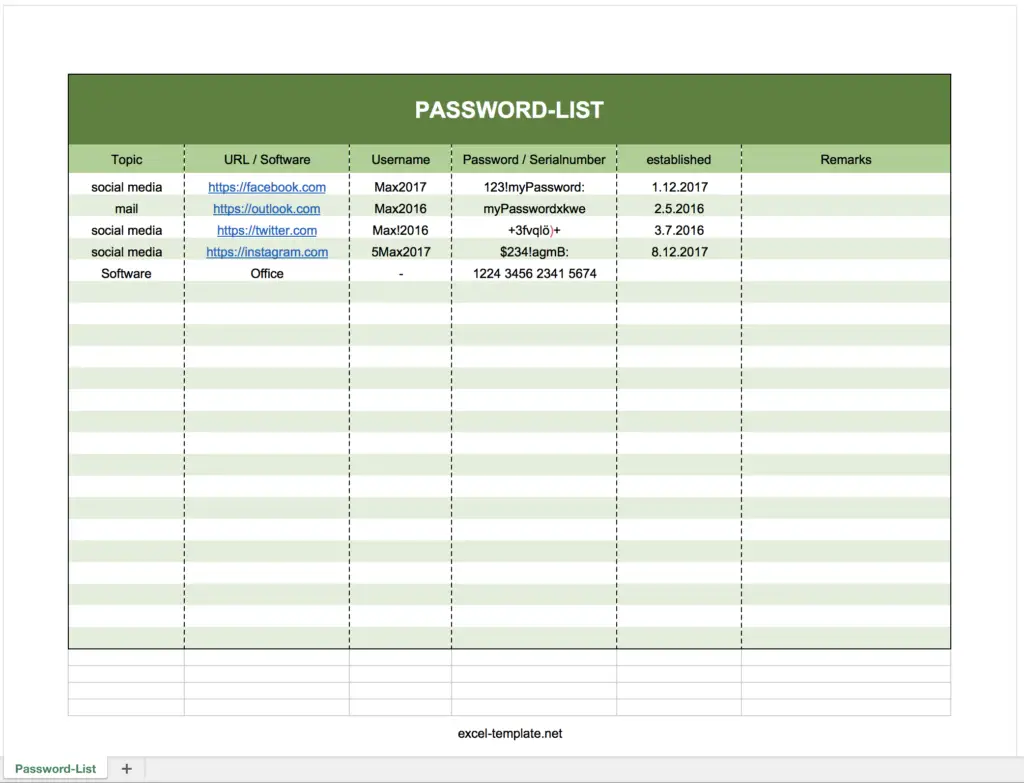 Free Password Log List As Excel Template free-password-log-list-as-excel-template