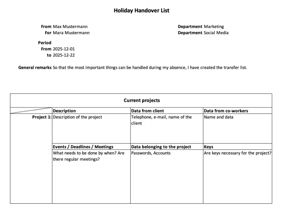 Vacation Handover List (Screenshot of Excel Template)