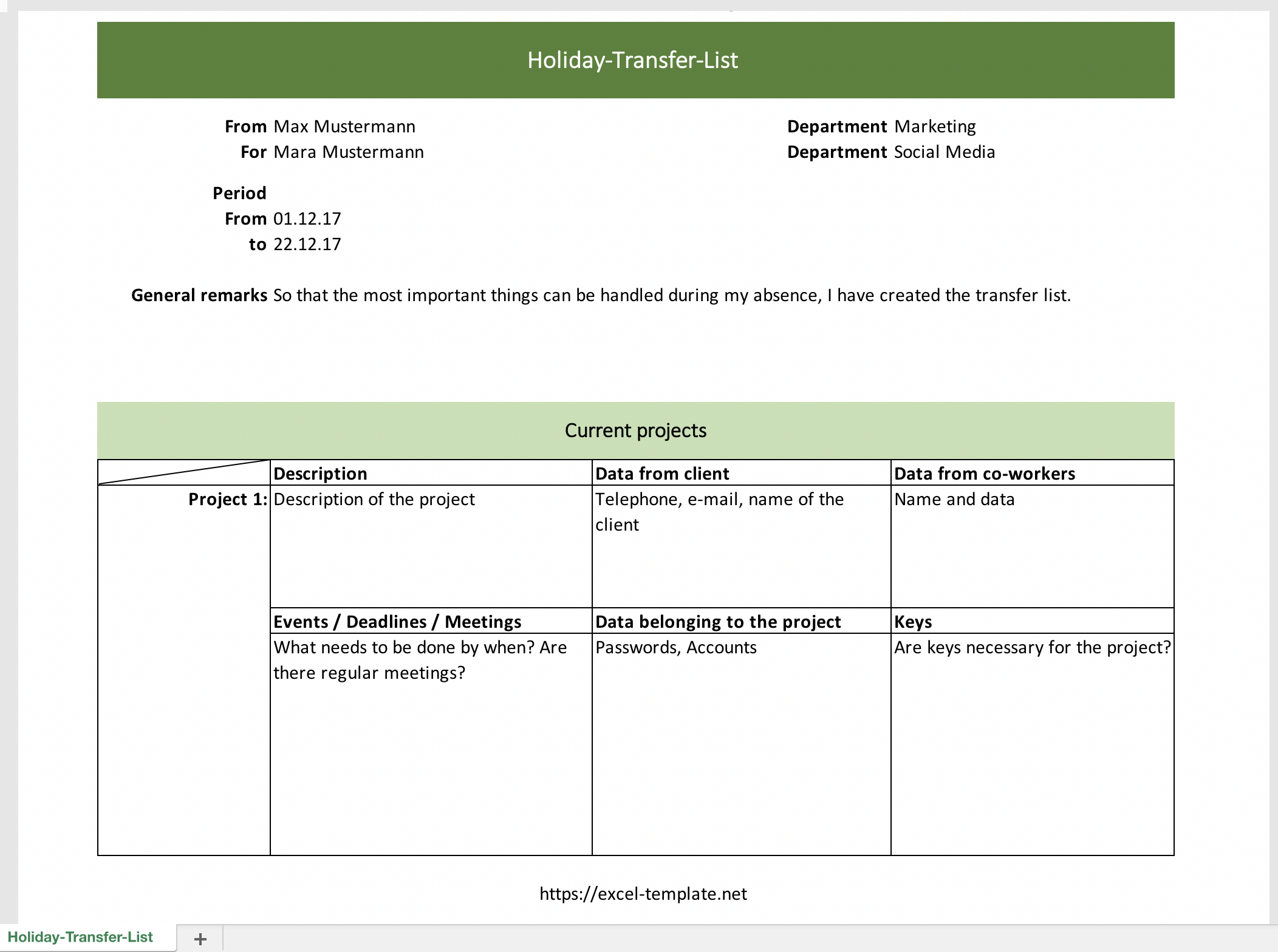 Holiday Transfer List with Excel