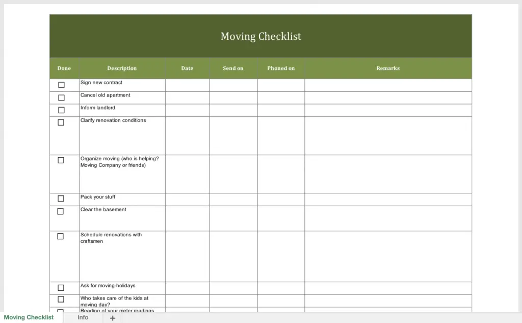 Free moving checklist for Excel and PDF