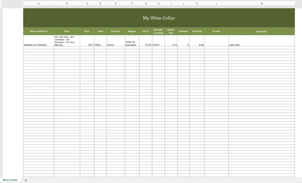 Winecellar-Inventory with Excel