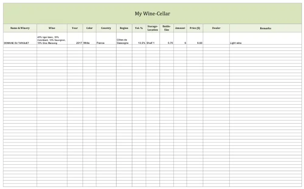 Wine cellar management (Screenshot of Excel Template)