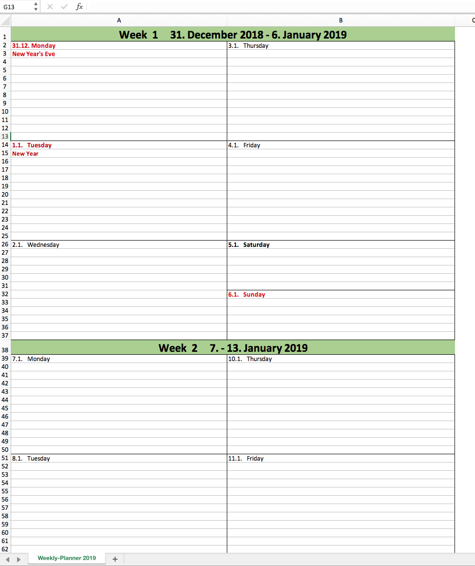 Free Weekly Planner Template 2019