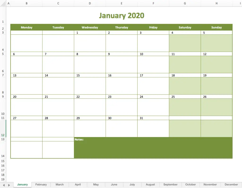 Monthly calendar 2020 excel preview