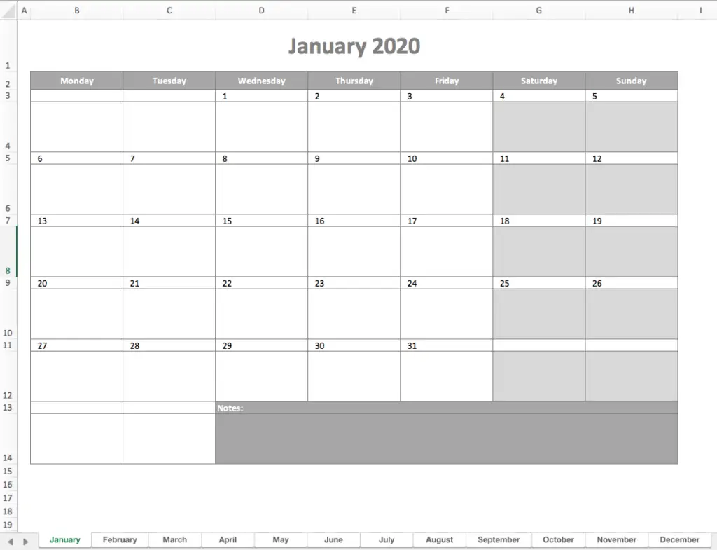 monthly calendar 2020 excel preview