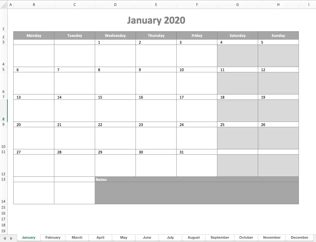 Monthly calendar 2020