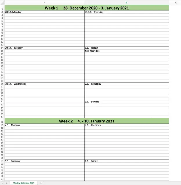 Free Weekly Calendar Excel Template for 2021