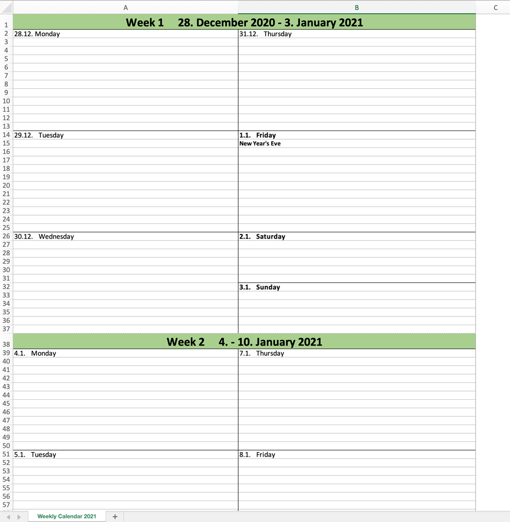 Weekly planner 2021 excel template (preview)