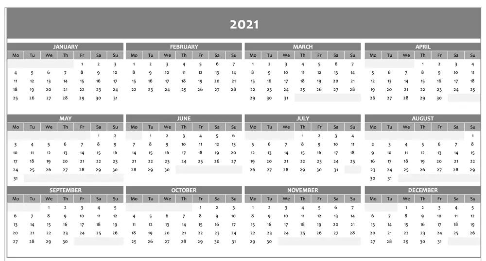 Annual calendar 2021 Excel grey