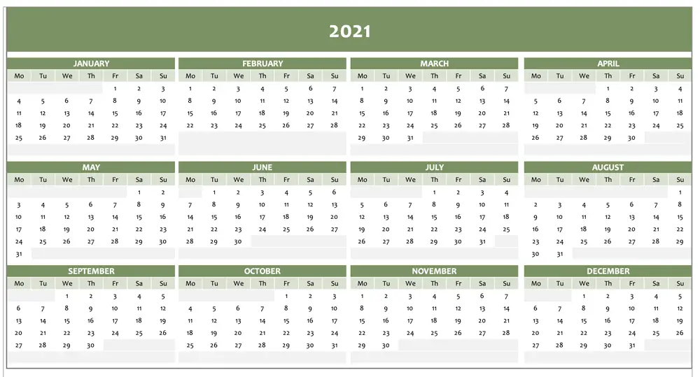 Yearly calendar 2021 Excel in green