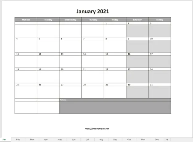 Monthly Calendar for 2021 Free Excel Template