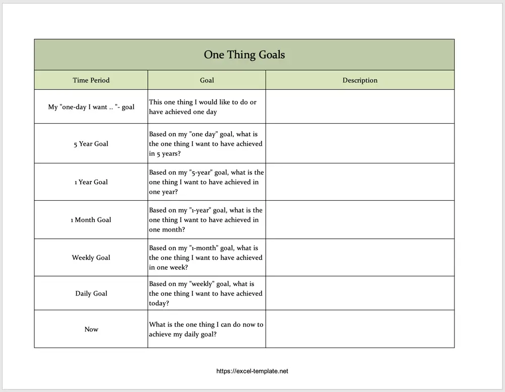 One Thing Goals 2021 Excel Template