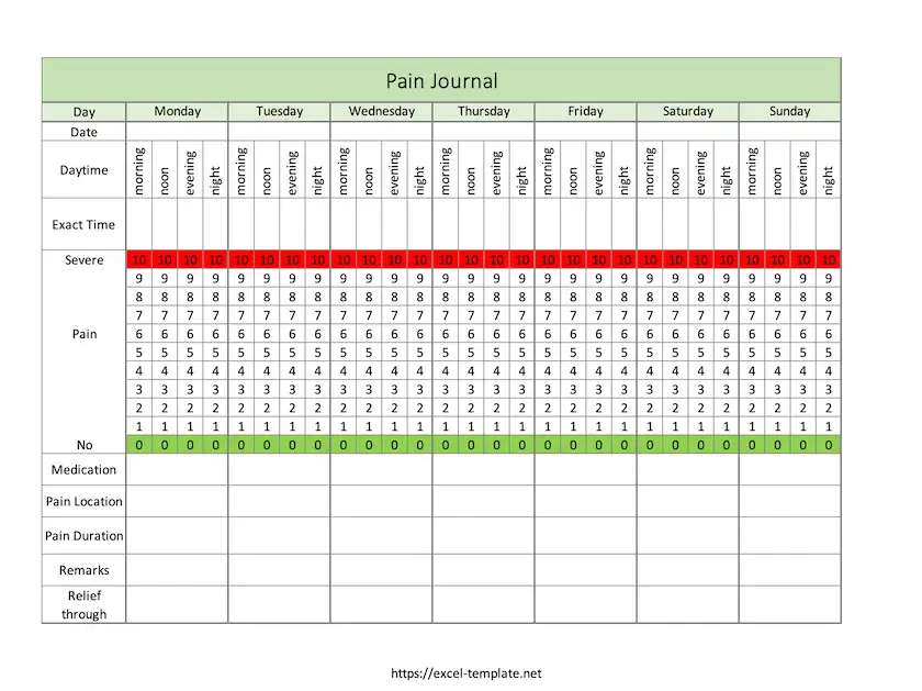 Pain Log Template for Excel (screenshot)