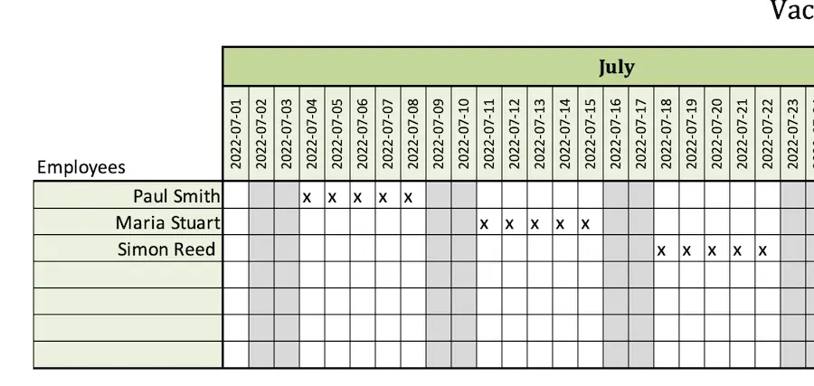 Using the vacation planner in excel