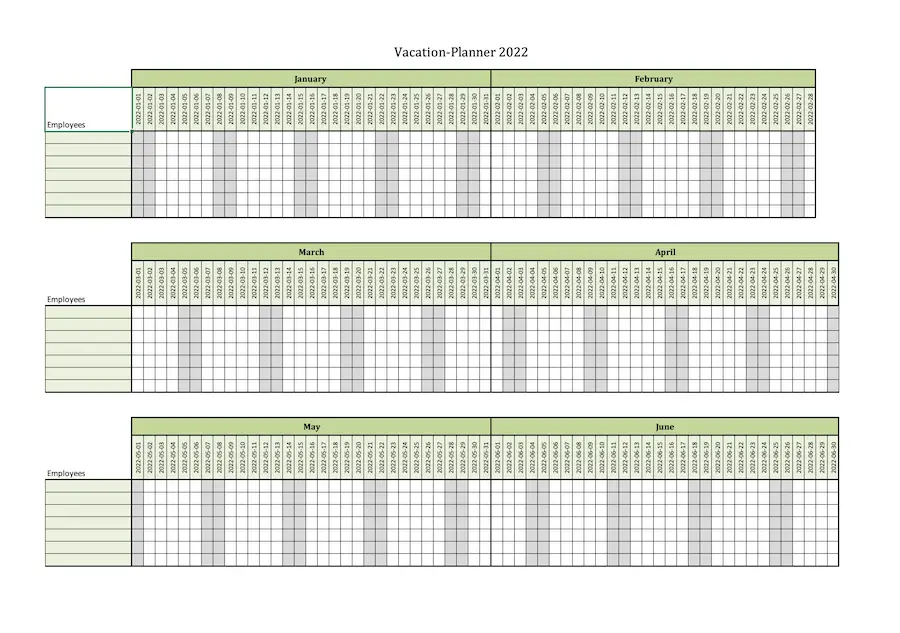 Screenshot of the vacation planner for 7 employees