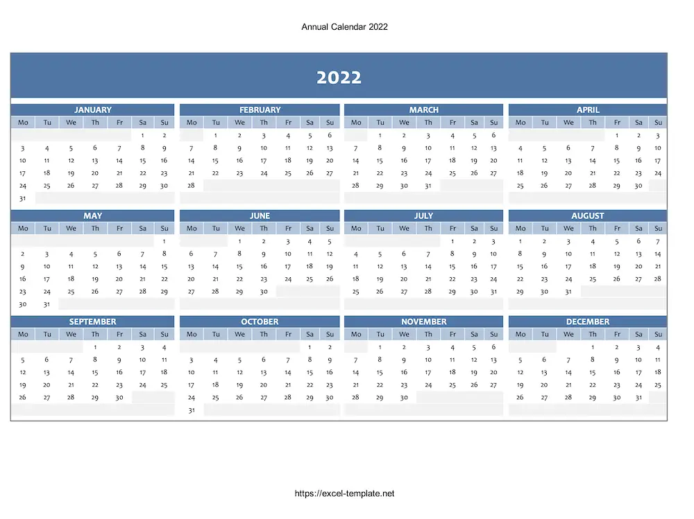 Blue annual calendar 2022 (Excel or PDF)